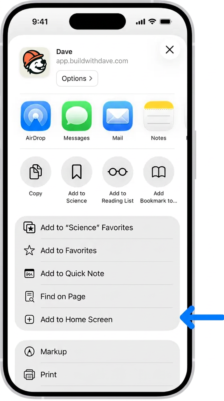 The iPhone Share menu for Dave, with a blue arrow pointing to Add to Home Screen.