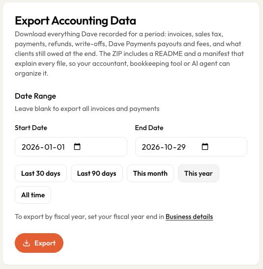 Export Accounting Data settings with Start Date, End Date, date-range presets, a fiscal-year setup link, and the Export button.