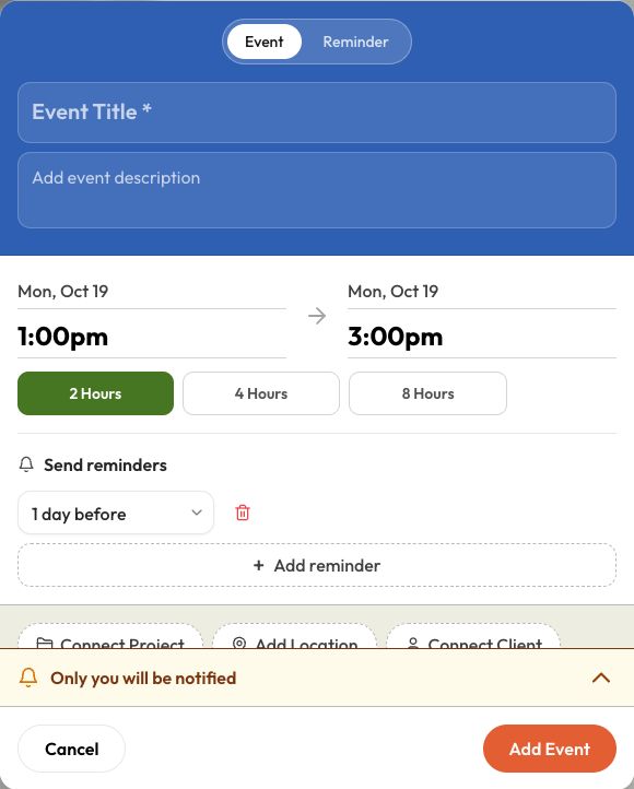Create Event form showing Event and Reminder choices, start and end times, reminder timing, and a notification summary.