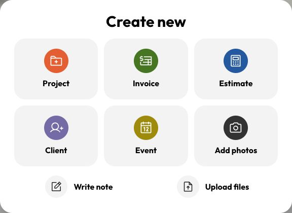 Dave’s Create new menu with Project, Invoice, Estimate, Client, Event, Add photos, Write note, and Upload files.