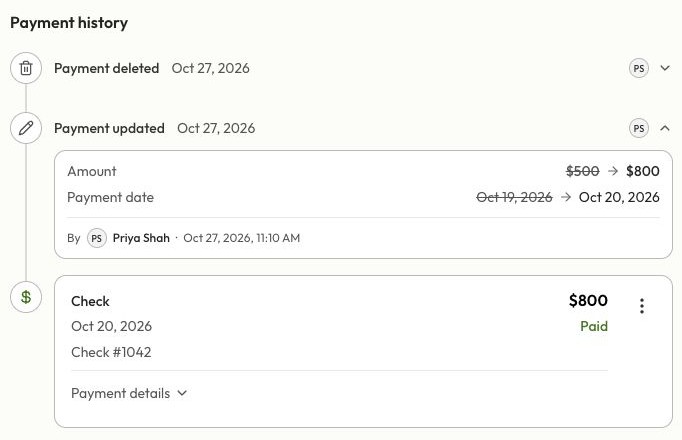 Payment history showing a deleted entry, an expanded payment update from $500 to $800 with its author and time, and the current $800 check payment.